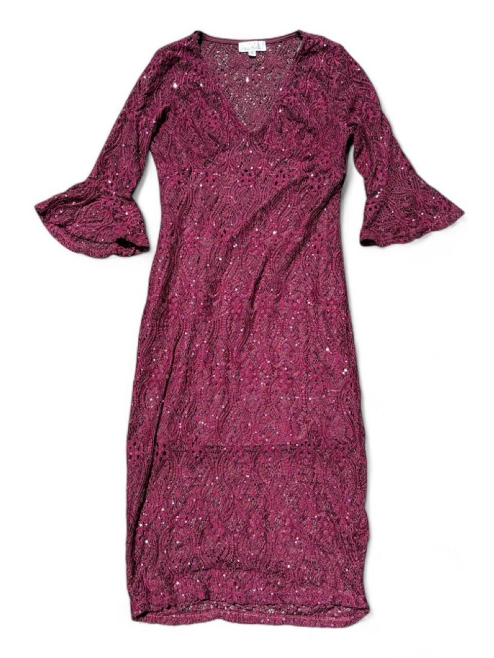 Whimsygoth sequin nylon midi dress with bell sleeves and lace detailing